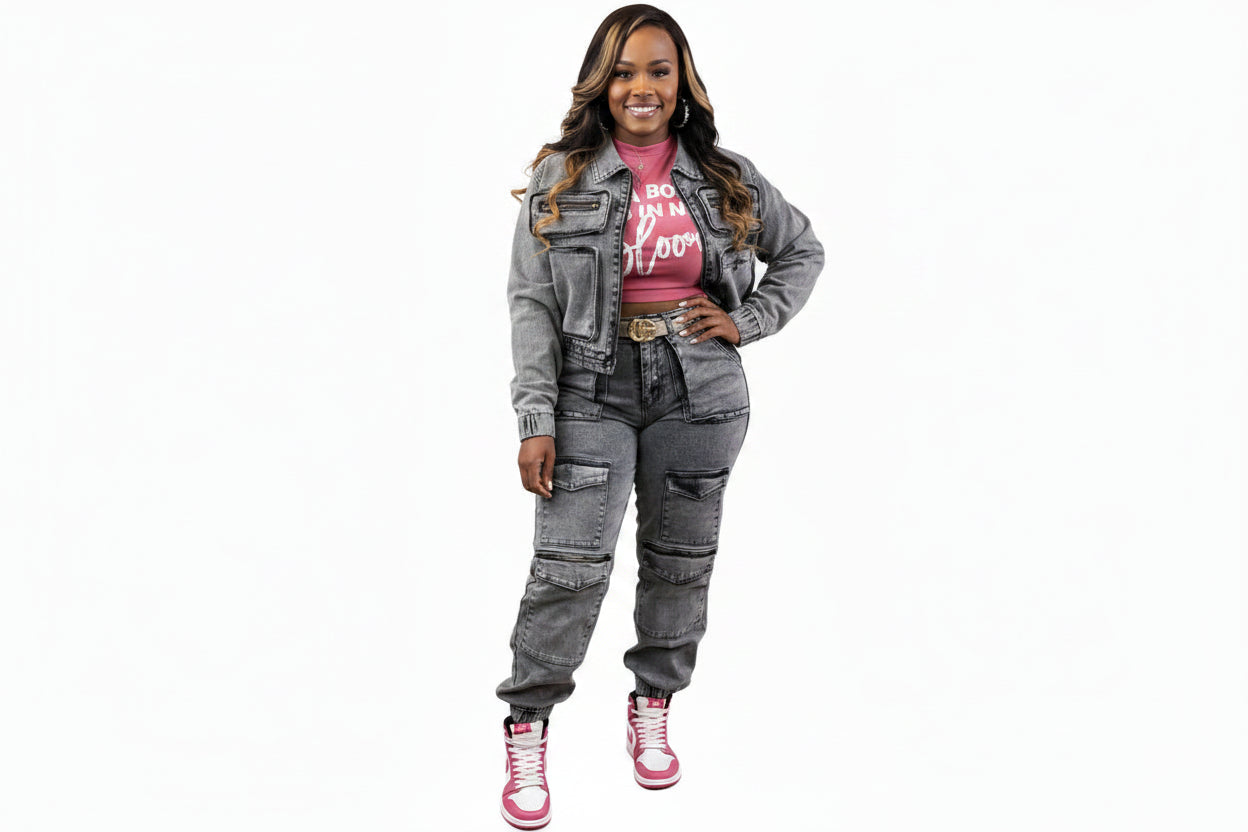 Women’s Spliced Denim Cargo Set – Zipper Jacket & Slim Pants Dark Gray XL