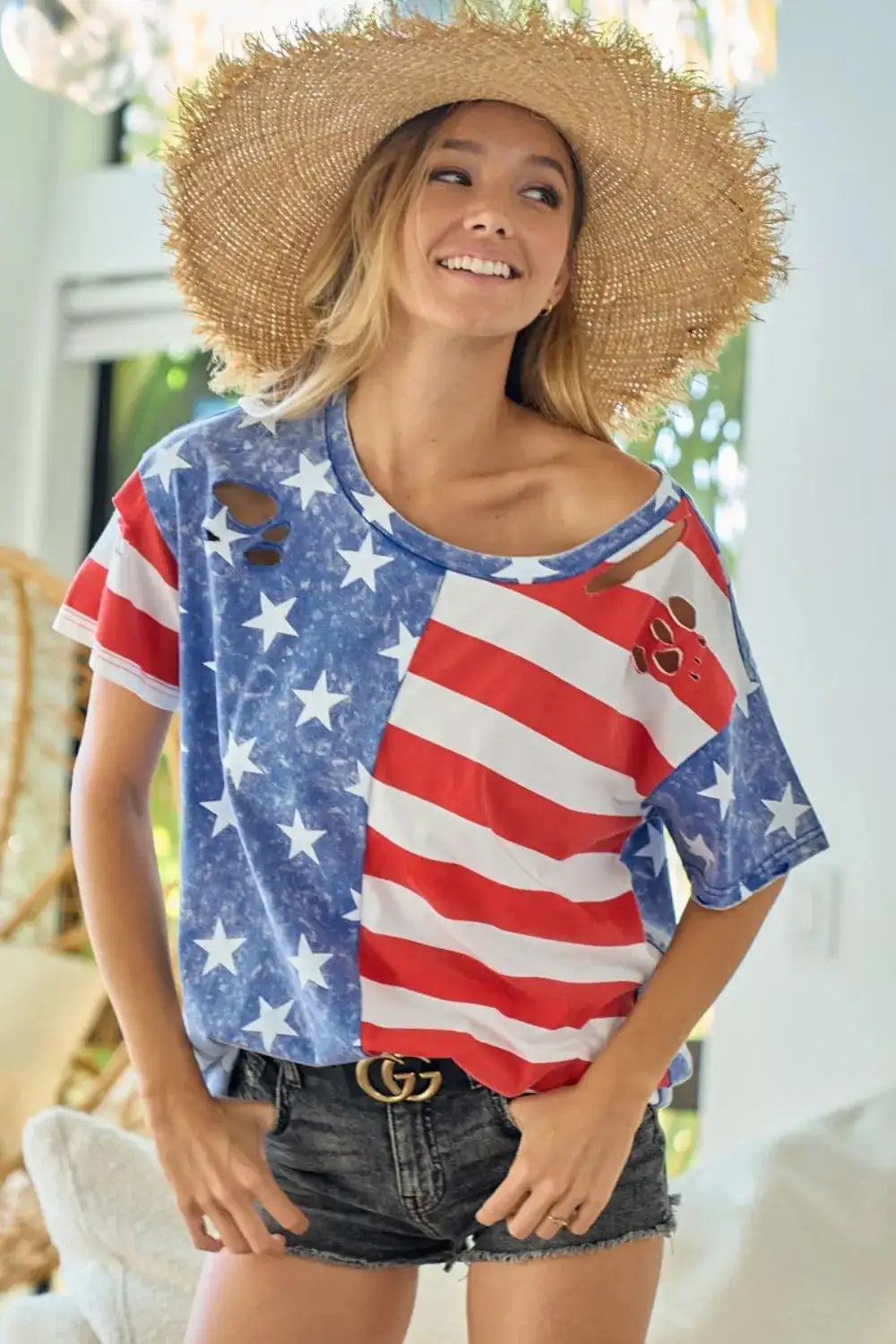 BiBi American Flag Short Sleeve T-Shirt – Stars & Stripes Patriotic Tee Navy Red