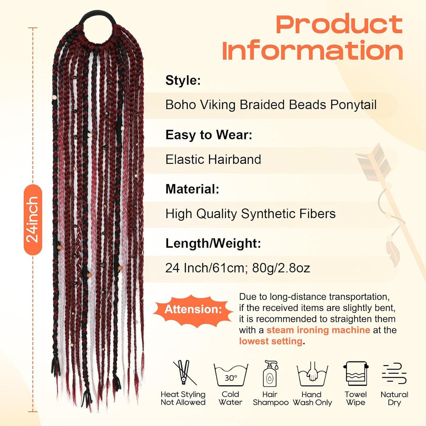 24-Inch Braided Ponytail with Lock Beads Hair Extension – 5 Colors