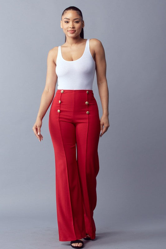 The Button Down Wide Leg Flare Pants – High Waist, 6-Button Trim, 14 Colors, S–L Red
