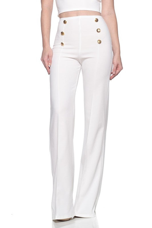 The Button Down Wide Leg Flare Pants – High Waist, 6-Button Trim, 14 Colors, S–L White