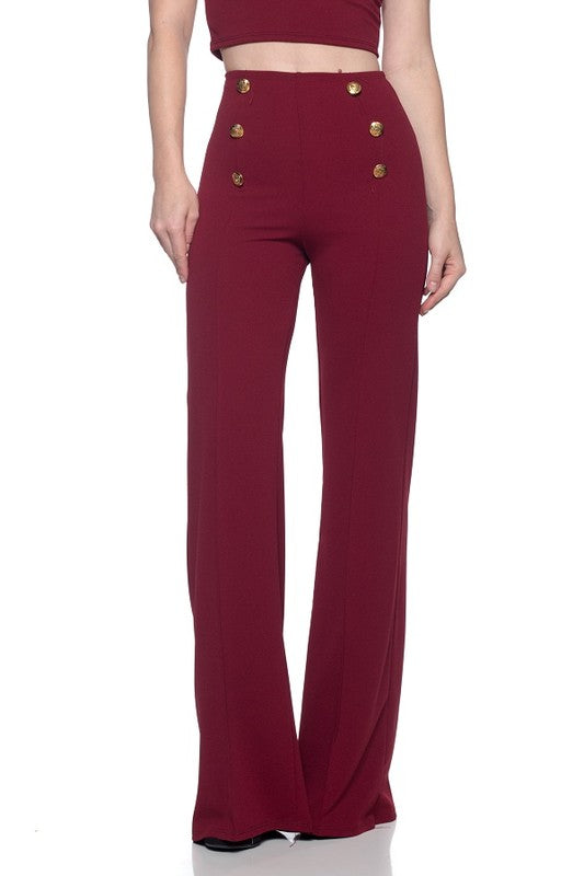 The Button Down Wide Leg Flare Pants – High Waist, 6-Button Trim, 14 Colors, S–L Burgundy
