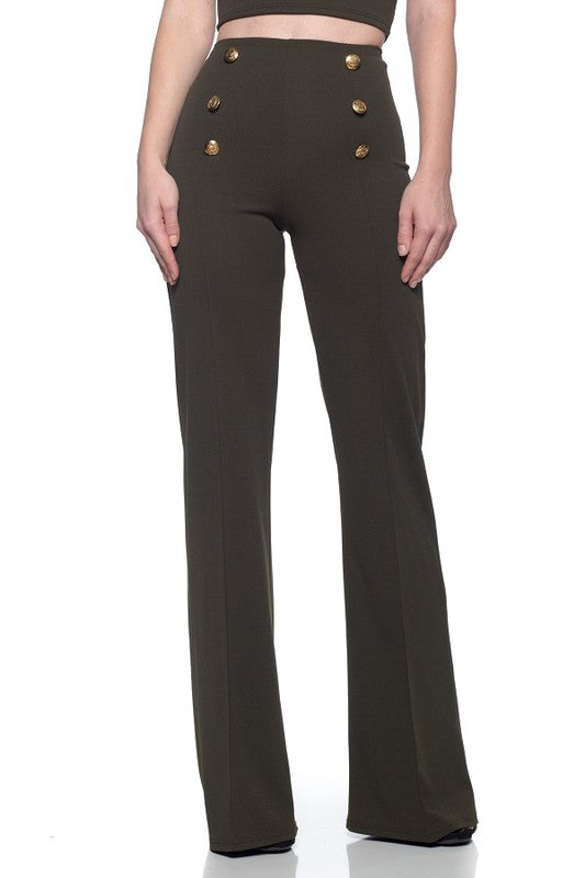 The Button Down Wide Leg Flare Pants – High Waist, 6-Button Trim, 14 Colors, S–L Olive