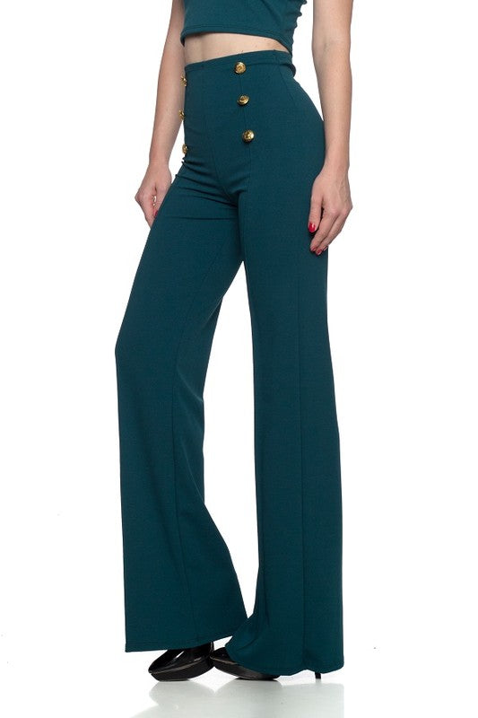 The Button Down Wide Leg Flare Pants – High Waist, 6-Button Trim, 14 Colors, S–L Green