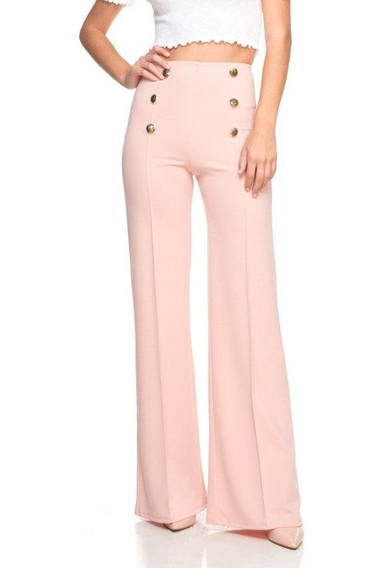 The Button Down Wide Leg Flare Pants – High Waist, 6-Button Trim, 14 Colors, S–L Blush