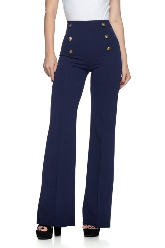 The Button Down Wide Leg Flare Pants – High Waist, 6-Button Trim, 14 Colors, S–L Navy