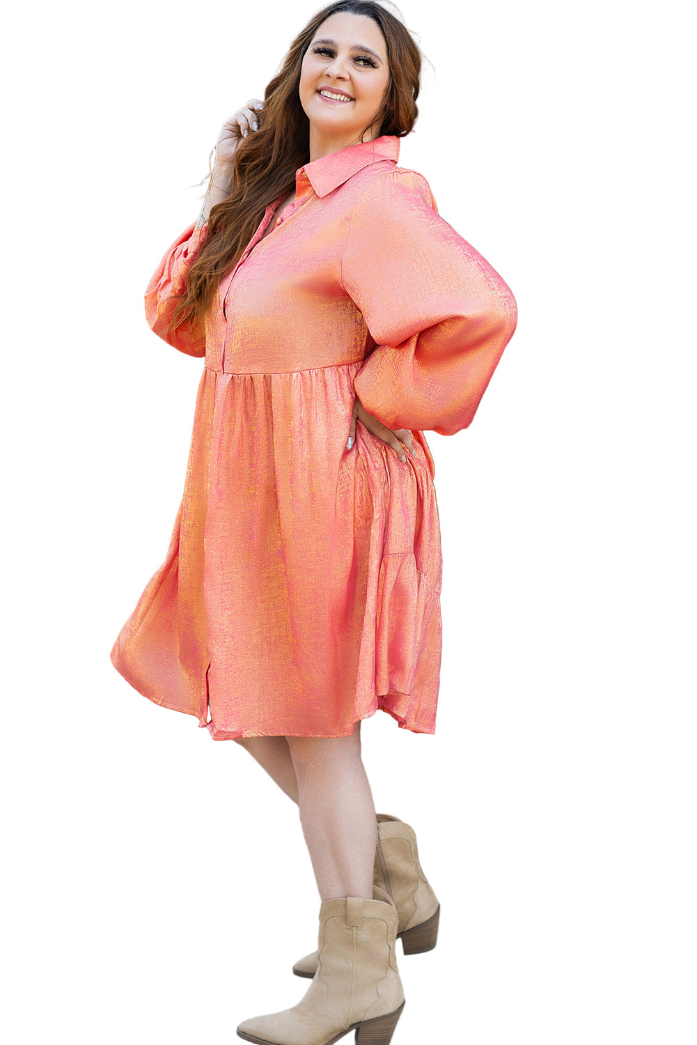 Peach Blossom Metallic Balloon Sleeve Plus Size Mini Dress