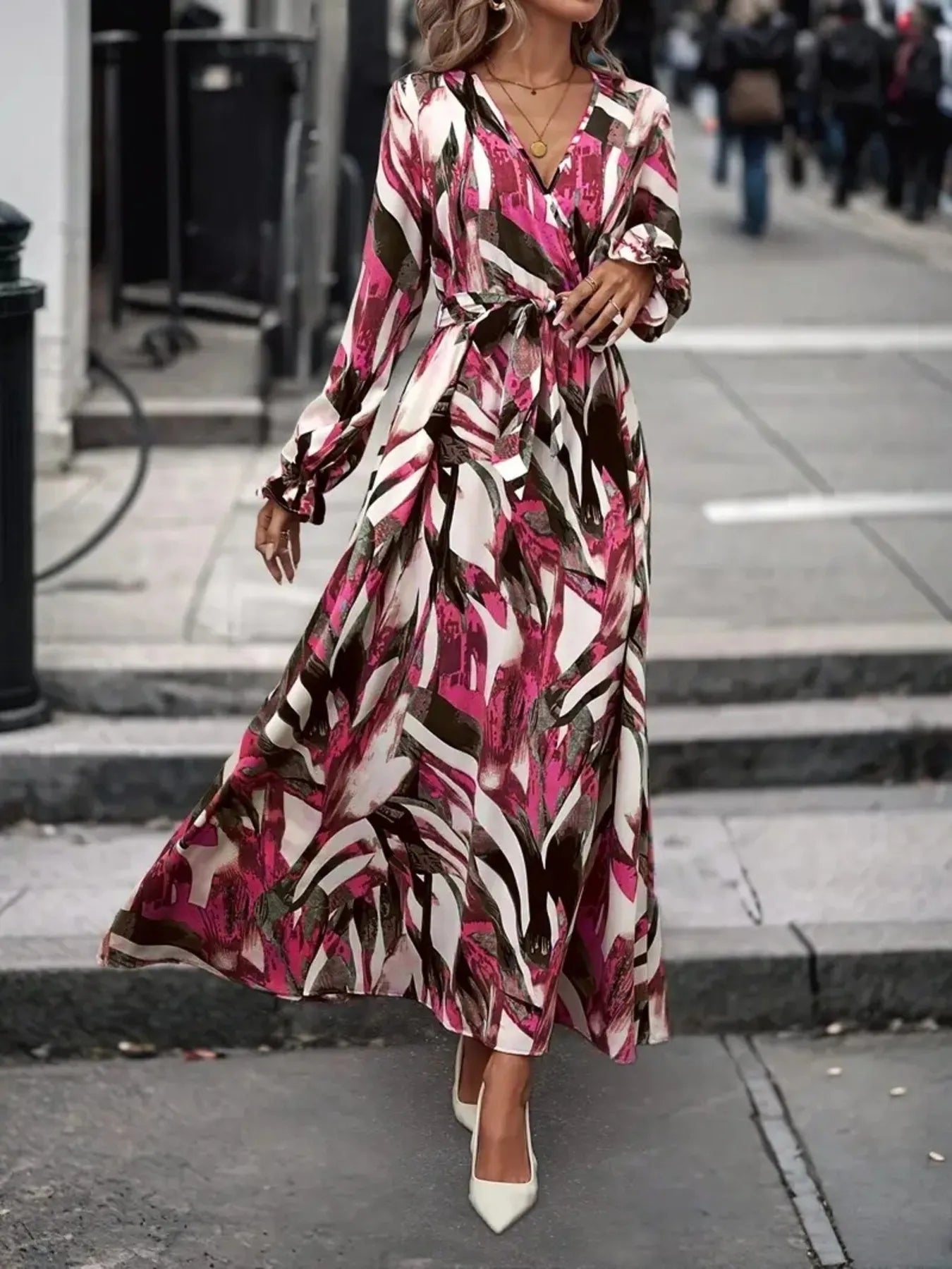 The Printed Surplice Flounce Sleeve Maxi Dress – Self-Tie Belt, Camel & Red, S–XL