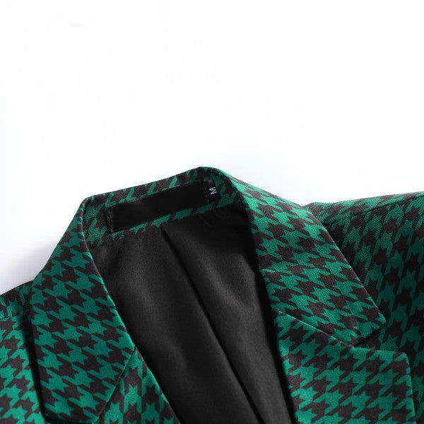 Men's Houndstooth Pattern 2-Button Blazer | 3D Slim Fit Notched Lapel Jacket – Black & Green
