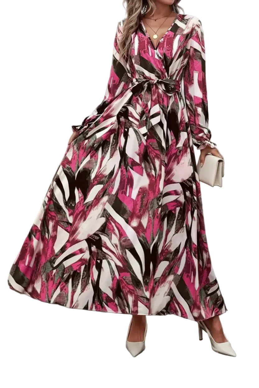 The Printed Surplice Flounce Sleeve Maxi Dress – Self-Tie Belt, Camel & Red, S–XL