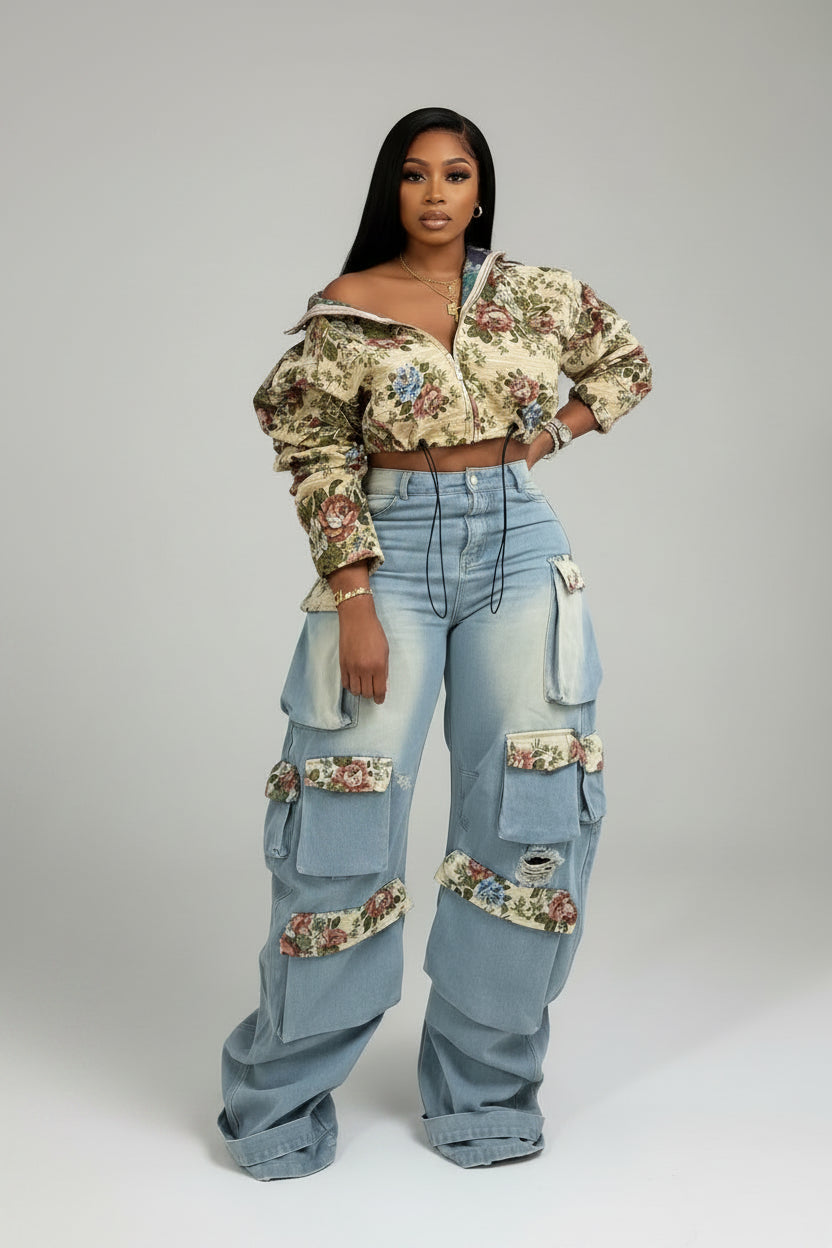 Washed Denim Floral Patchwork Jacket & Cargo Jeans | 2-Piece Denim Set Sets XL