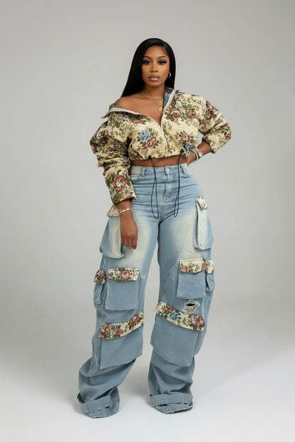 Washed Denim Floral Patchwork Jacket & Cargo Jeans | 2-Piece Denim Set Sets XL