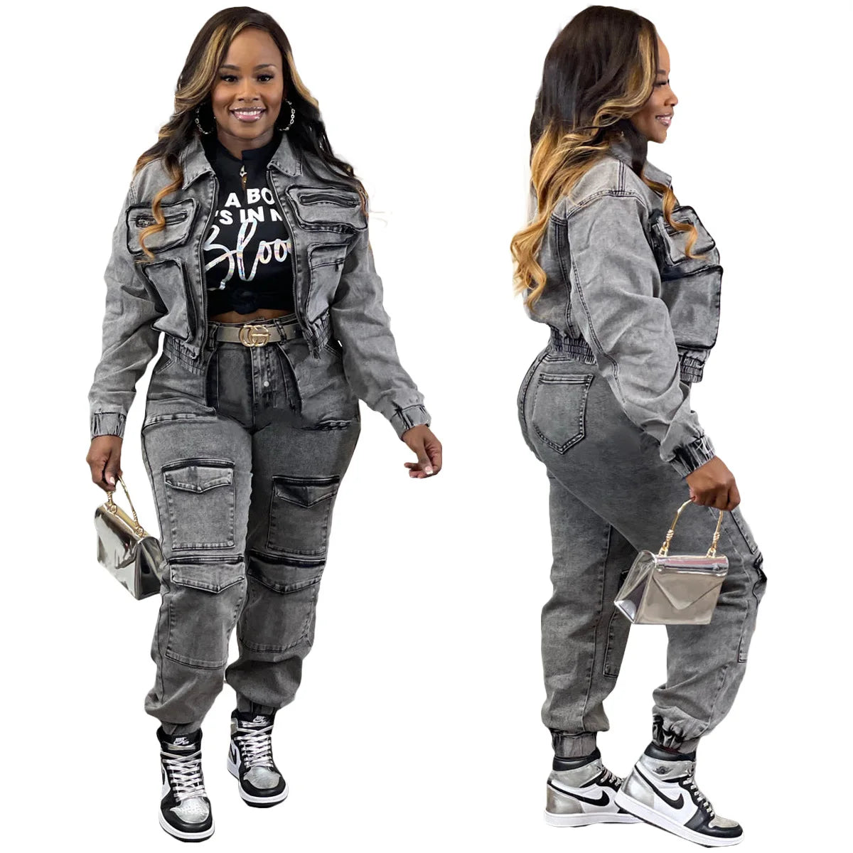 Women’s Spliced Denim Cargo Set – Zipper Jacket & Slim Pants Dark Gray