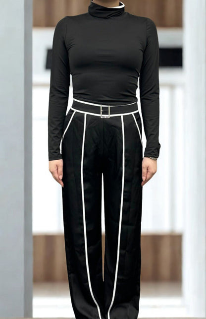 Elegant Stand Collar Contrast Binding Knit Set – Two-Piece Wide-Leg Trouser Suit