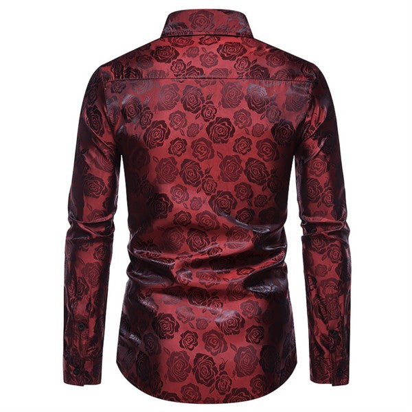 Men's Rose Jacquard Long Sleeve Shirt | Slim Fit Floral Button-Down Dress Shirt
