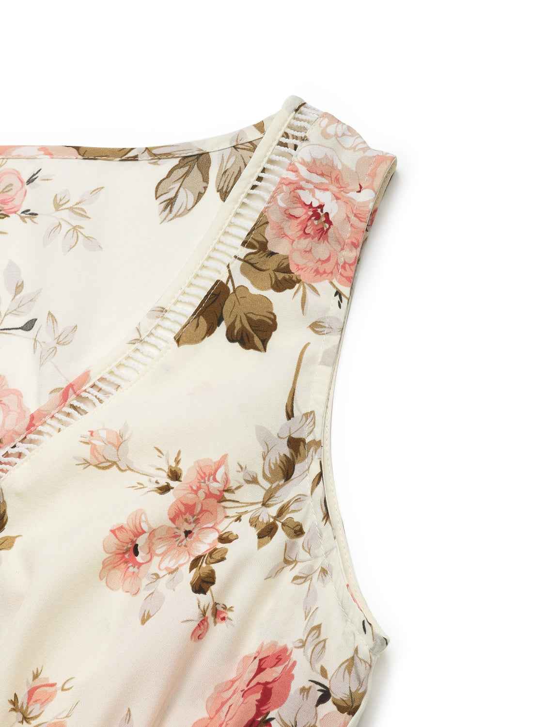 The Printed Ruffled Hem V-Neck Dress – Sleeveless, Cream, Sizes S–XL