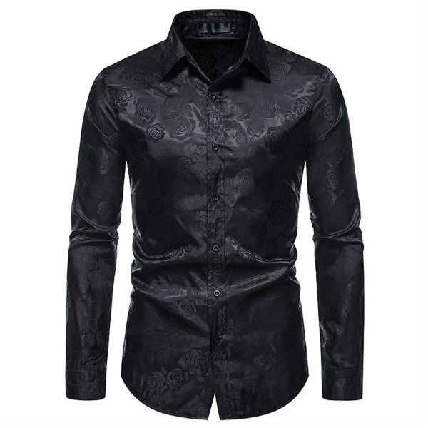Men's Rose Jacquard Long Sleeve Shirt | Slim Fit Floral Button-Down Dress Shirt Black