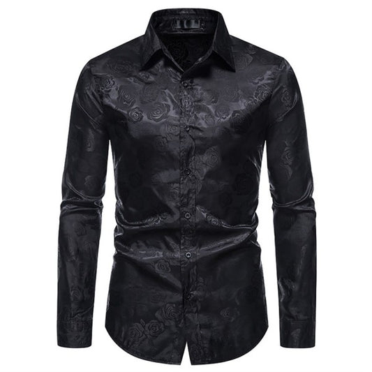 Men's Rose Jacquard Long Sleeve Shirt | Slim Fit Floral Button-Down Dress Shirt Black