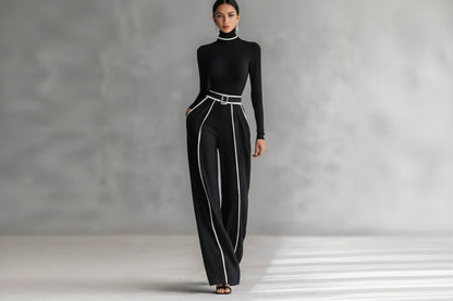 Elegant Stand Collar Contrast Binding Knit Set – Two-Piece Wide-Leg Trouser Suit Black
