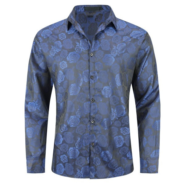 Men's Rose Jacquard Long Sleeve Shirt | Slim Fit Floral Button-Down Dress Shirt Blue 2XL