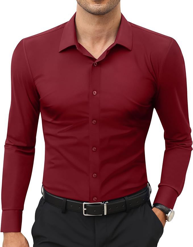 Men’s Slim Fit Long Sleeve Dress Shirt - Solid Color Button Down Work Shirt - Wrinkle-Resistant Business Casual