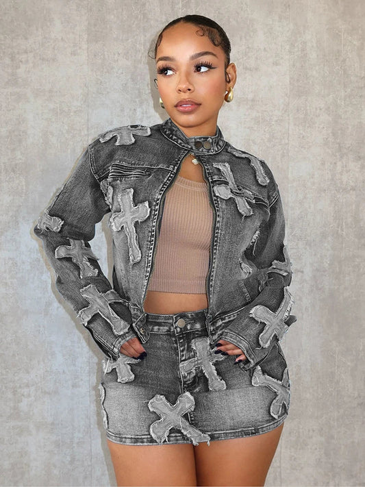 Women's Embroidered Denim Cargo Outfit - Full Sleeve Jacket & Pants