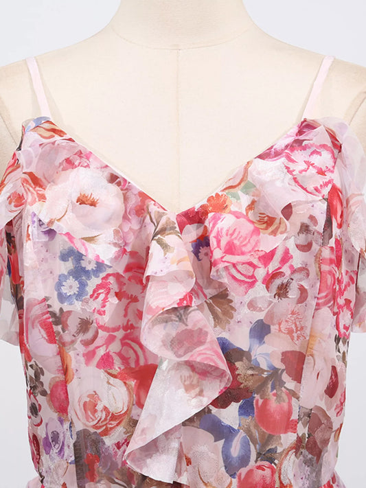 Women's Enchanted Pink Floral Sleeveless Maxi Dress |Chiffon Style Ruffled Tiers