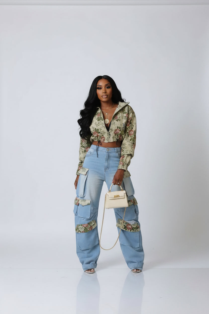 Washed Denim Floral Patchwork Jacket & Cargo Jeans | 2-Piece Denim Set Sets XXL