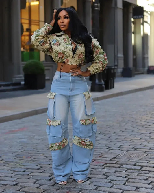 Women's Washed Denim Full Sleeve Floral Jacket and Pockets Cargo Jeans Pants  Two 2 Piece outfit