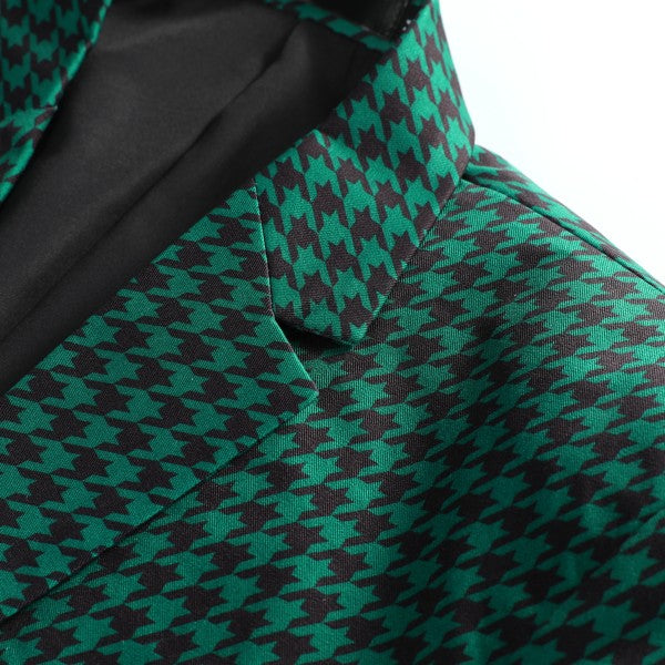 Men's Houndstooth Pattern 2-Button Blazer | 3D Slim Fit Notched Lapel Jacket – Black & Green