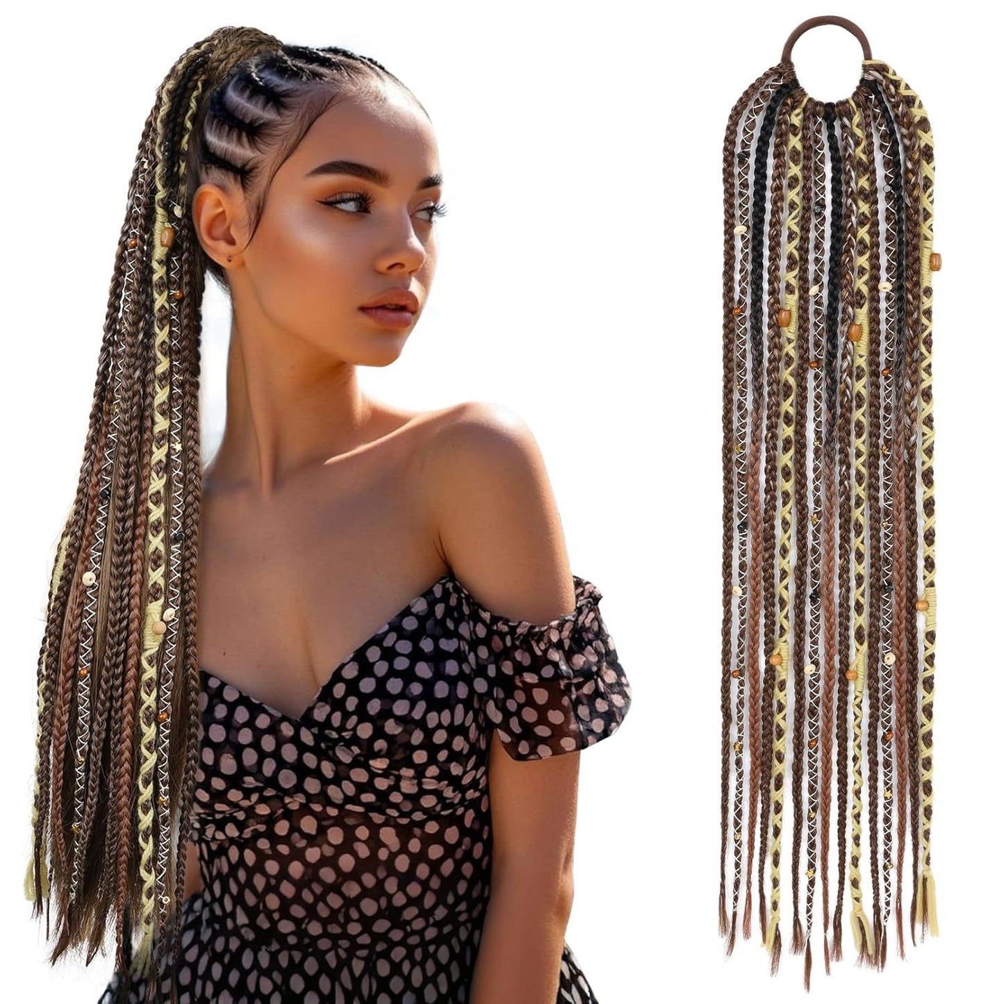 24-Inch Braided Ponytail with Lock Beads Hair Extension – 5 Colors