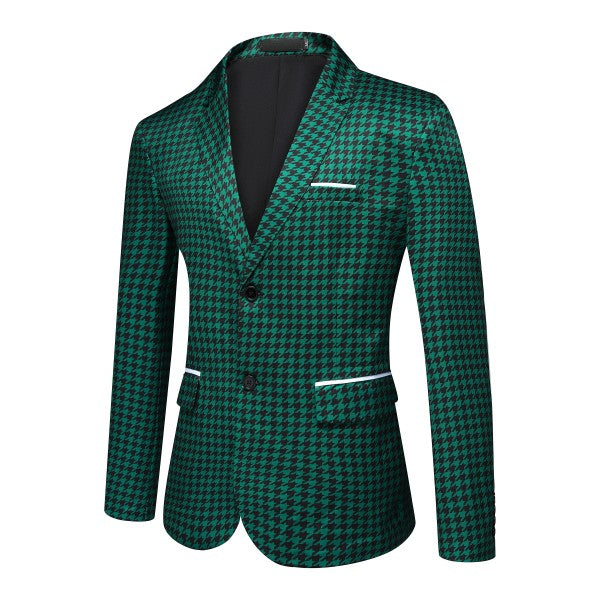 Men's Houndstooth Pattern 2-Button Blazer | 3D Slim Fit Notched Lapel Jacket – Black & Green
