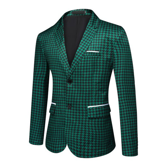 Men's Houndstooth Pattern 2-Button Blazer | 3D Slim Fit Notched Lapel Jacket – Black & Green