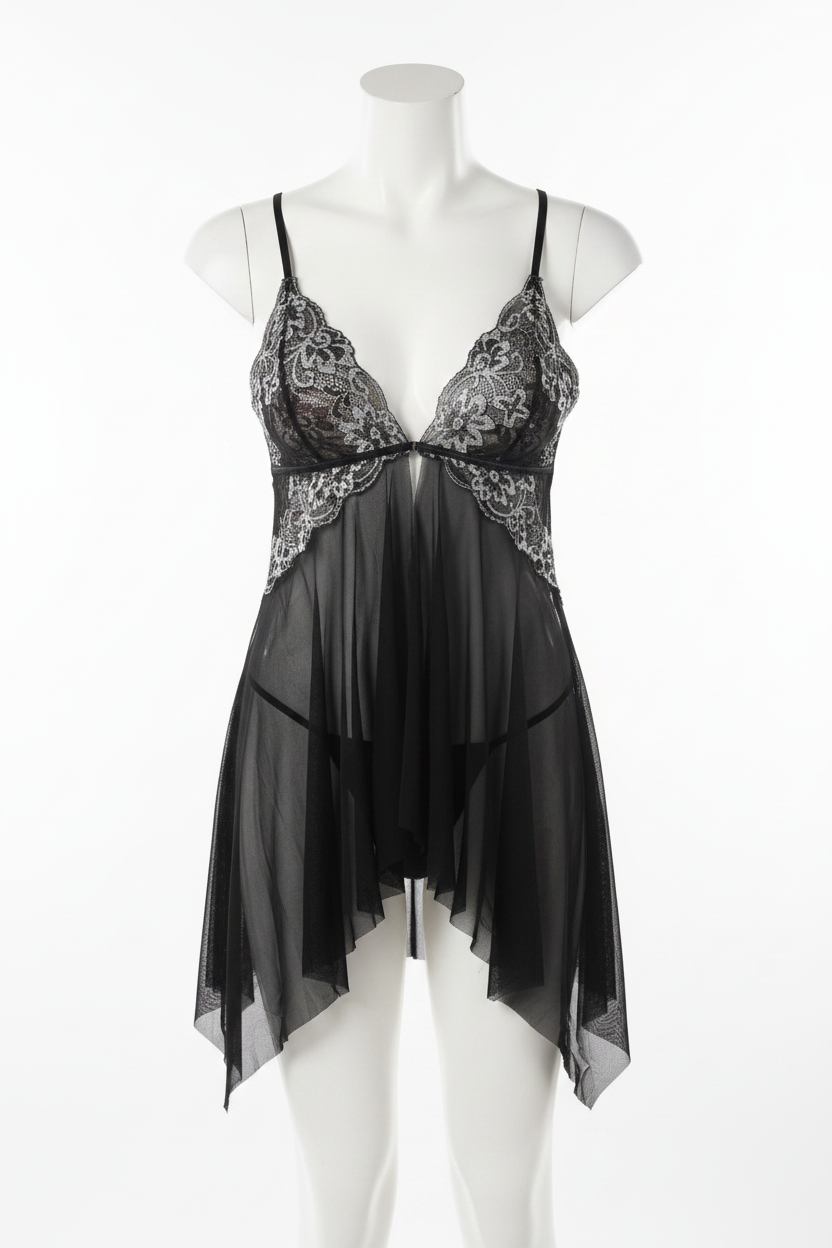 Flyaway Lace Cup Babydoll Set | Sheer Mesh Black