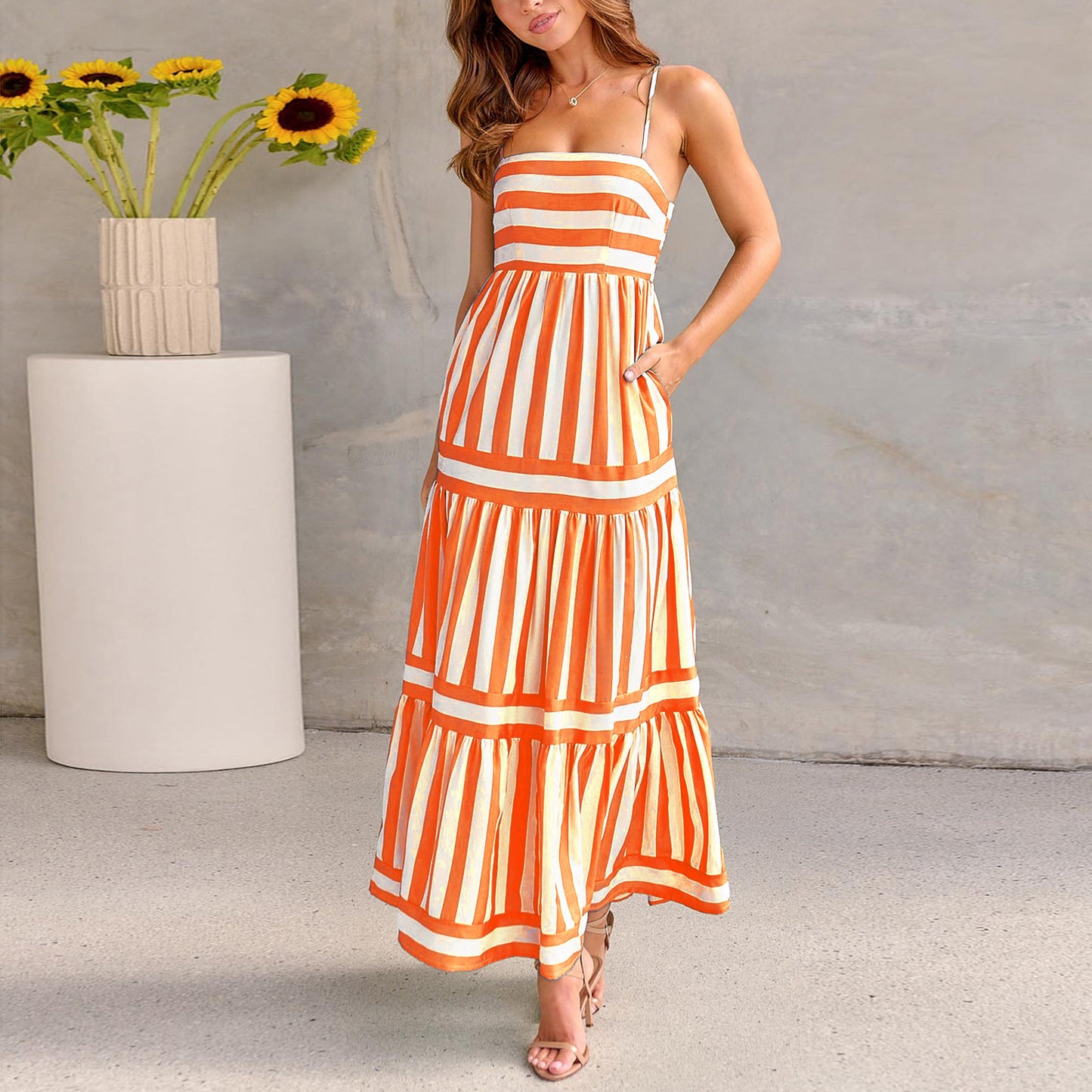 The Striped Square Neck Backless Maxi Dress – Spaghetti Strap, Pockets, 5 Colors Orange