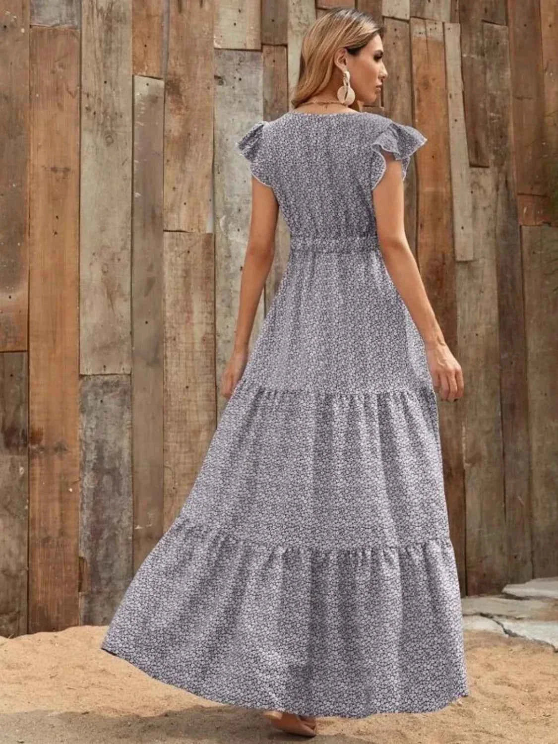 The Printed V-Neck Ruffle Sleeve Maxi Dress – 4 Colors, Sizes S–2XL