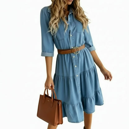Belted Denim Midi Dress | Three-Quarter Sleeve Ruffle & Button Detail Blue XL