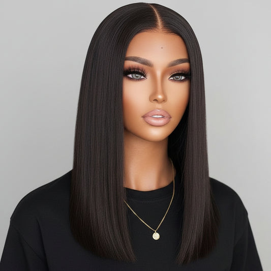 Double Drawn Bone Straight Human Hair Wig – 16 Inch, Heat-Dyeable 16Inch Model Length