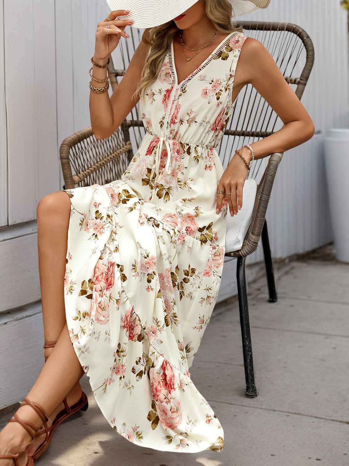 The Printed Ruffled Hem V-Neck Dress – Sleeveless, Cream, Sizes S–XL