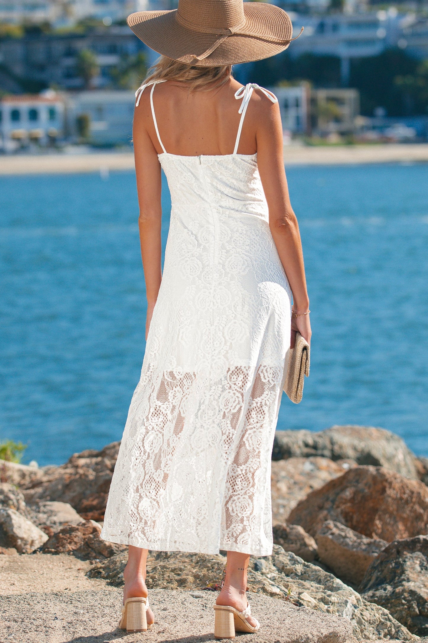 The Floral Lace Overlay Maxi Dress – Self-Tie Spaghetti Straps, White, Sizes S–XL White XL 88%Polyamide+12%Elastane