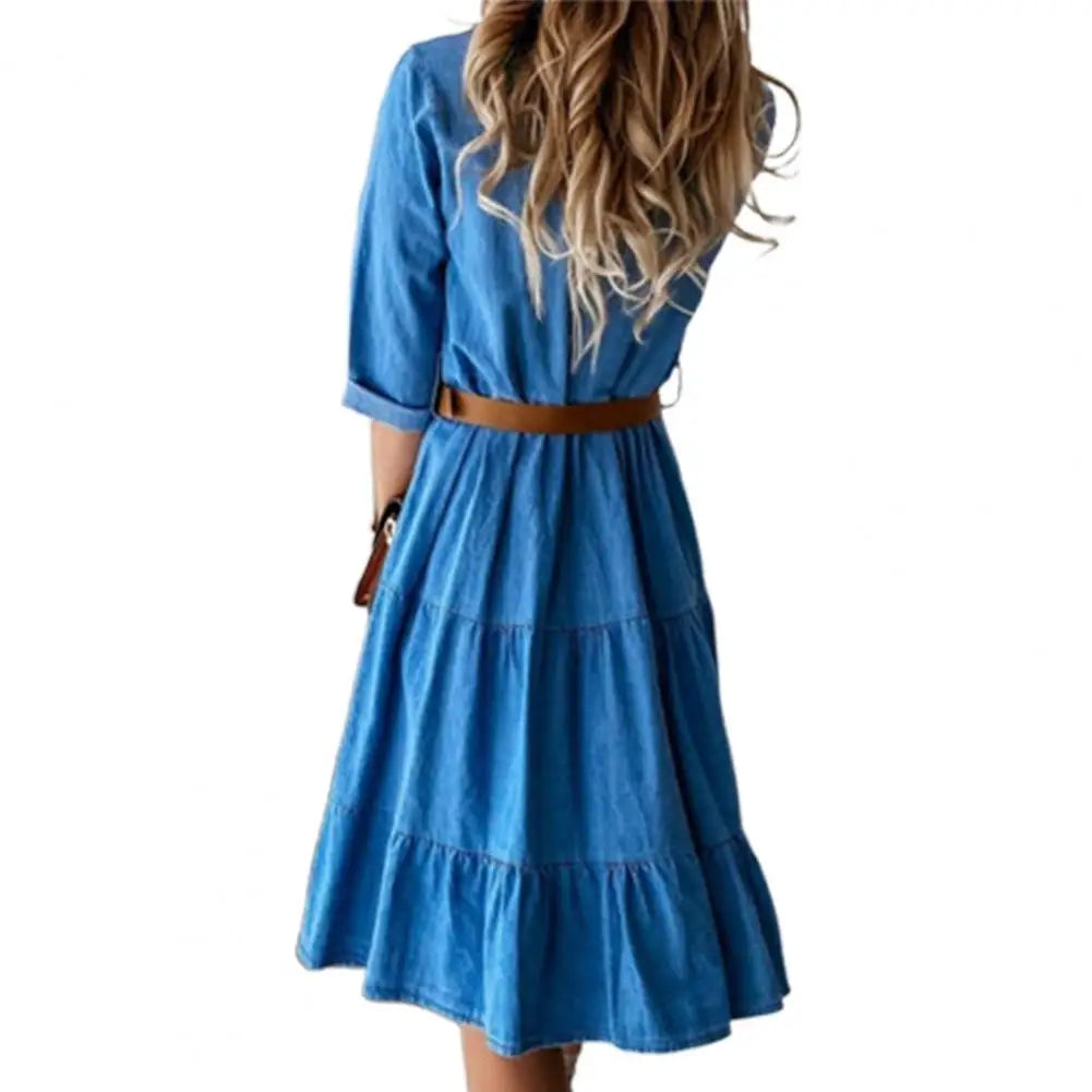 Belted Denim Midi Dress | Three-Quarter Sleeve Ruffle & Button Detail