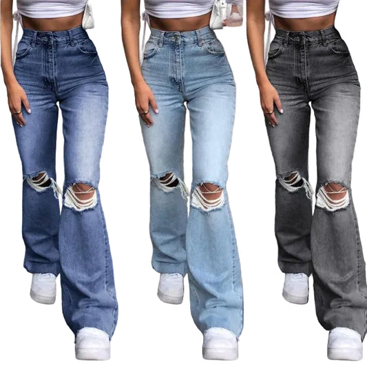 Women's Full-Size High-waisted Ripped Slightly Flared Slim-fit Wash Jeans