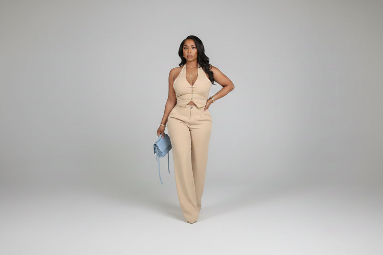 The Elevate Two-Piece Halter Vest & Wide-Leg Pants Khaki