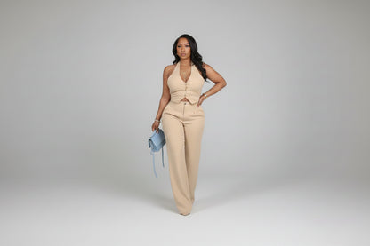 The Elevate Two-Piece Halter Vest & Wide-Leg Pants Khaki