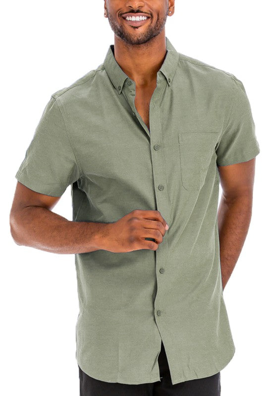 Men's Casual Short Sleeve Solid Button-Down Shirt Olive