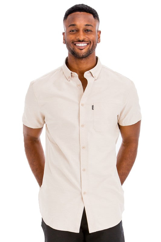 Men's Casual Short Sleeve Solid Button-Down Shirt Beige