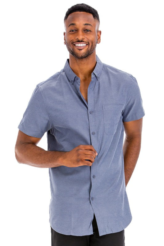 Men's Casual Short Sleeve Solid Button-Down Shirt Chambray S