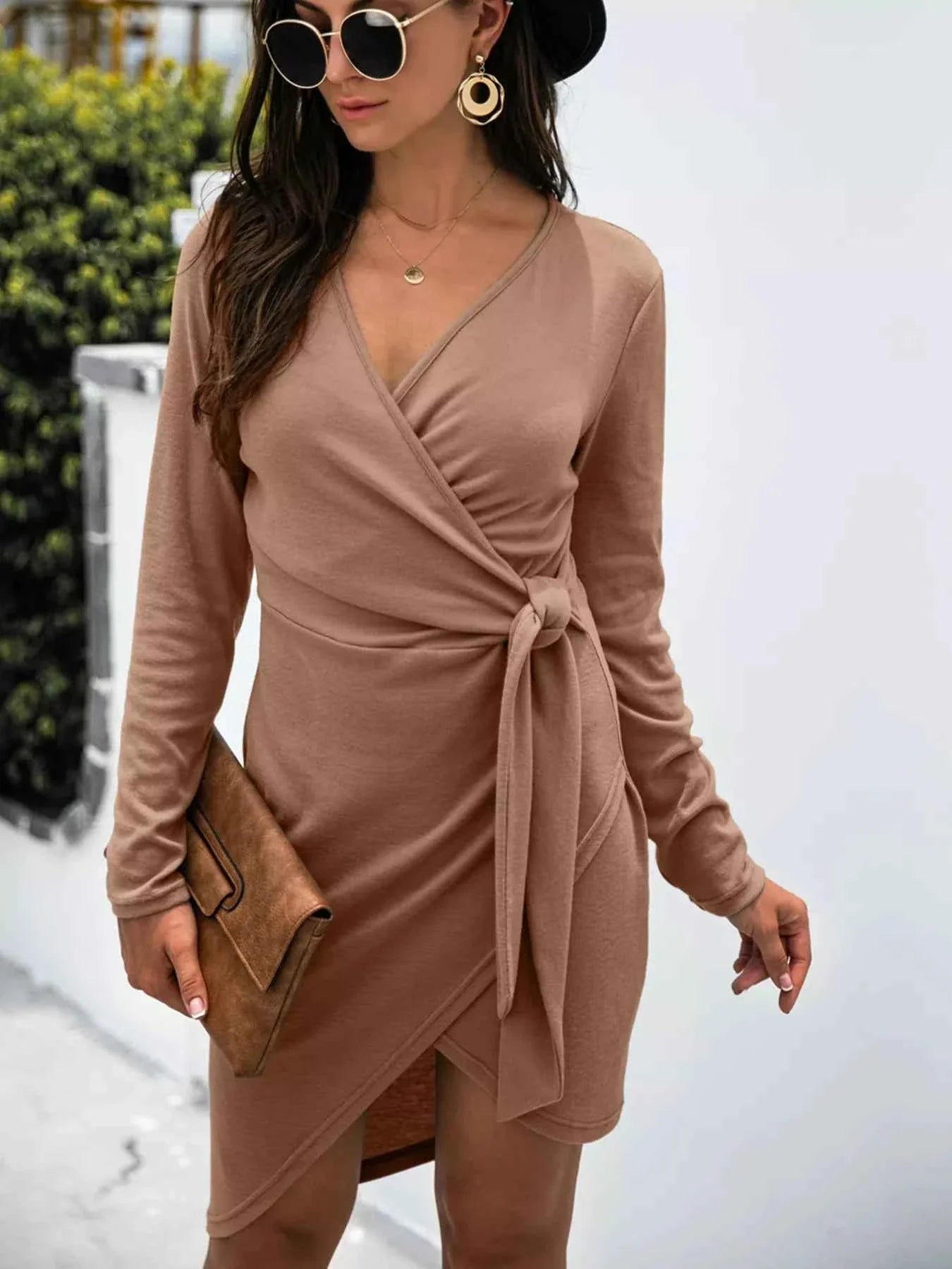 Surplice Long Sleeve Side Tie Dress – Wrap-Style V-Neck Midi Dress Taupe