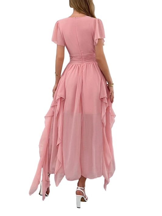 V-Neck Flutter Sleeve Ruffled Maxi Dress - Pink Flowy Summer Occasion Dress