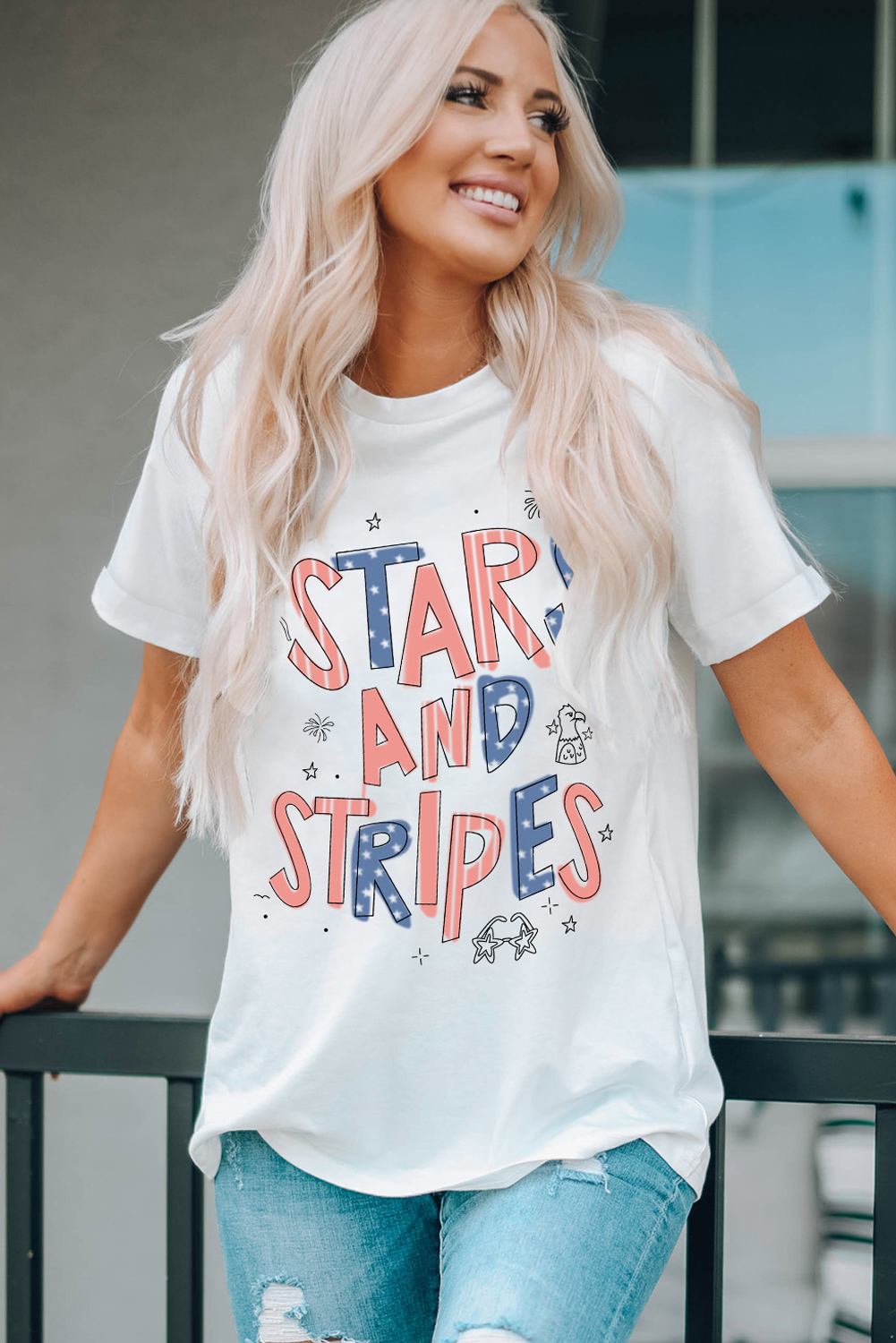 Stars & Stripes Graphic Tee | Women's Patriotic Crew Neck T-Shirt